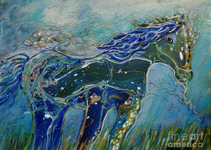 Acrylic Pour Greeting Card featuring the painting Blue Horse by Deborah Nell