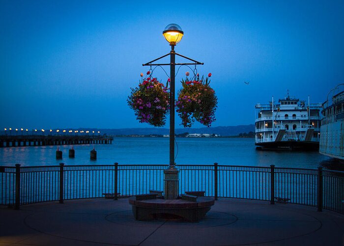 Blue Hour At The Waterfront Greeting Card featuring the photograph Blue Hour at the Waterfront by Bonnie Follett