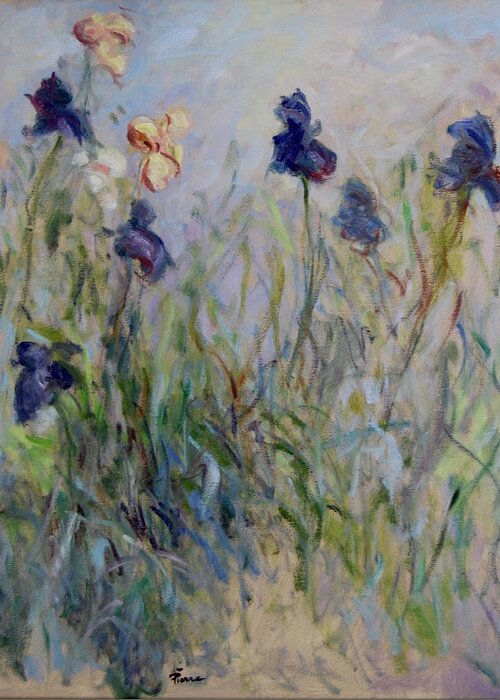 Landscape Greeting Card featuring the painting Blue Irises in the field, painted in the open air by Pierre Dijk