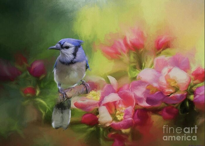 Blue Jay Greeting Card featuring the mixed media Blue Jay on a Blooming Tree by Eva Lechner