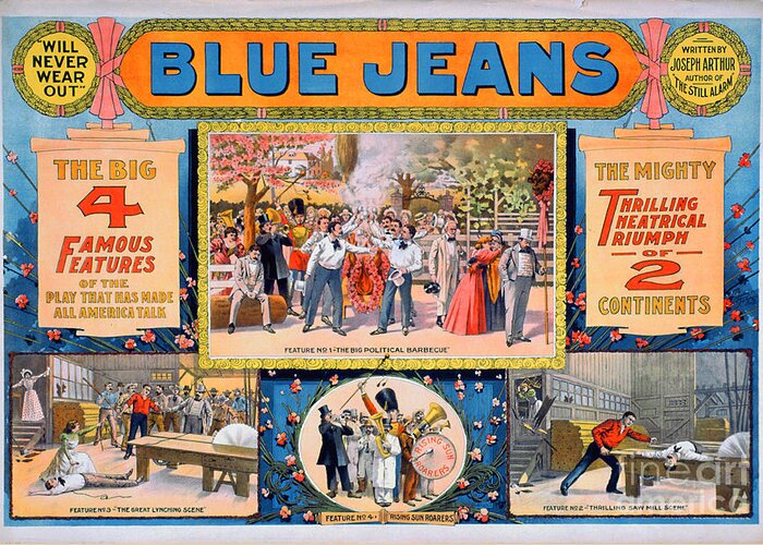 Blue Greeting Card featuring the drawing Blue jeans will never wear out by Vintage Treasure