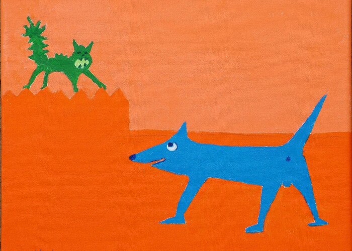 Naive Greeting Card featuring the painting Blue Laughs At Green Cat by Alex Mortensen