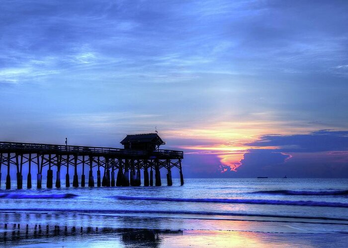 Blue Morning Over Cocoa Beach Pier Greeting Card featuring the photograph Blue Morning Over Cocoa Beach Pier by Carol Montoya