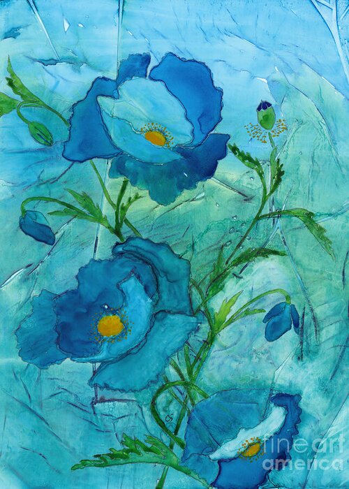 Poppies Greeting Card featuring the painting Blue Poppies, Watercolor on Yupo by Conni Schaftenaar