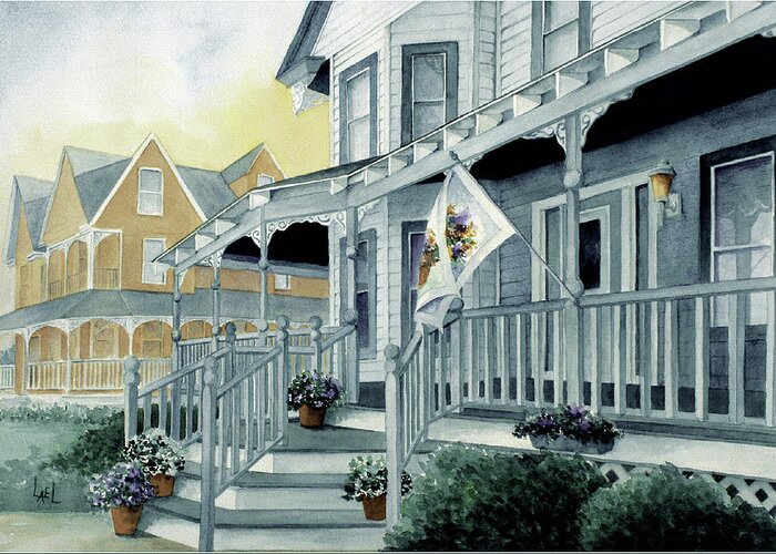 Porch Greeting Card featuring the painting Blue Porch by Lael Rutherford