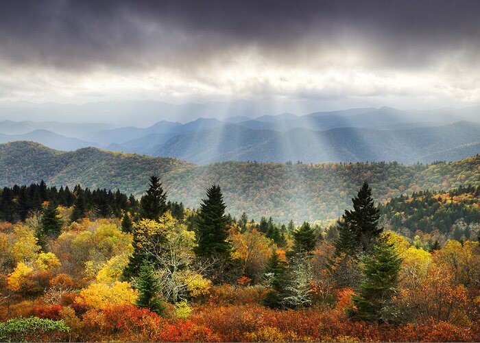 Autumn Greeting Card featuring the photograph Blue Ridge Parkway Light Rays - Enlightenment by Dave Allen