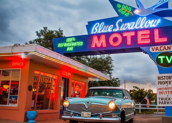 Steven Bateson Greeting Card featuring the photograph Blue Swallow Motel On Route 66 by Steven Bateson