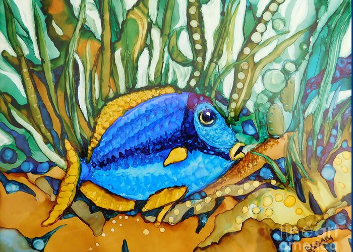 This Whimsical Blue Fish Swims Through The Magical World Beneath The Reef. (the 8 X 6 Tile Comes Mounted On A Canvas Panel In A Standard 8 X 10 Frame.) Greeting Card featuring the painting Blue Tang by Joan Clear