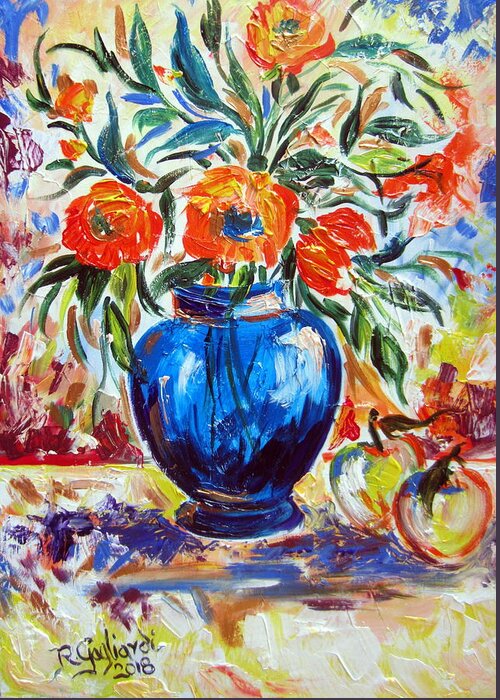 Still Life Greeting Card featuring the painting Blue Vase Flowers and apples by Roberto Gagliardi