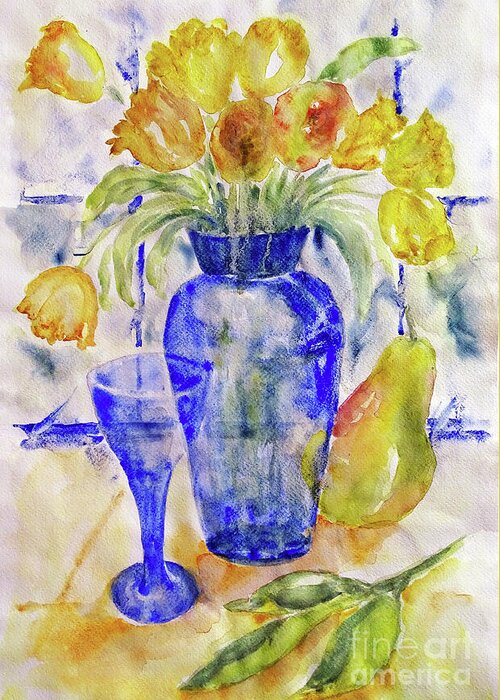 Tulips Greeting Card featuring the painting Blue Vase by Jasna Dragun