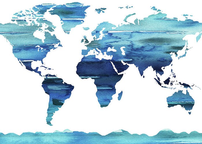 Blue Greeting Card featuring the painting Blue Watercolor Earth World Map by Irina Sztukowski