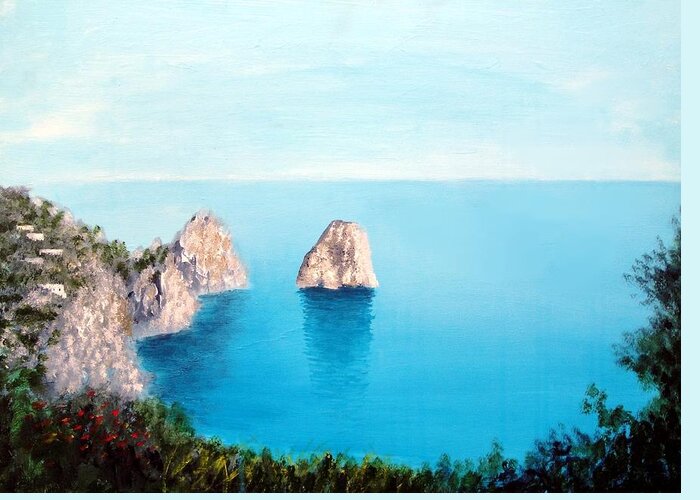 Capri Capri Capri Italy Mediterranean Coastal Art Greeting Card featuring the painting Blue Waters Of Capri by Larry Cirigliano