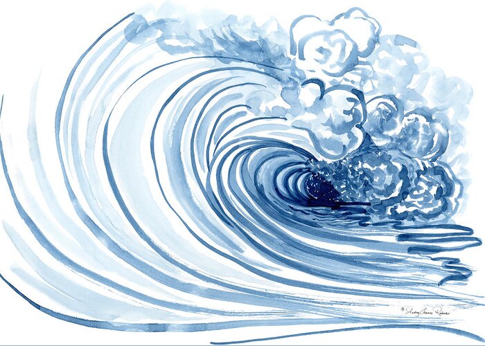 Modern Greeting Card featuring the painting Blue Wave Modern Loose Curling Wave by Audrey Jeanne Roberts