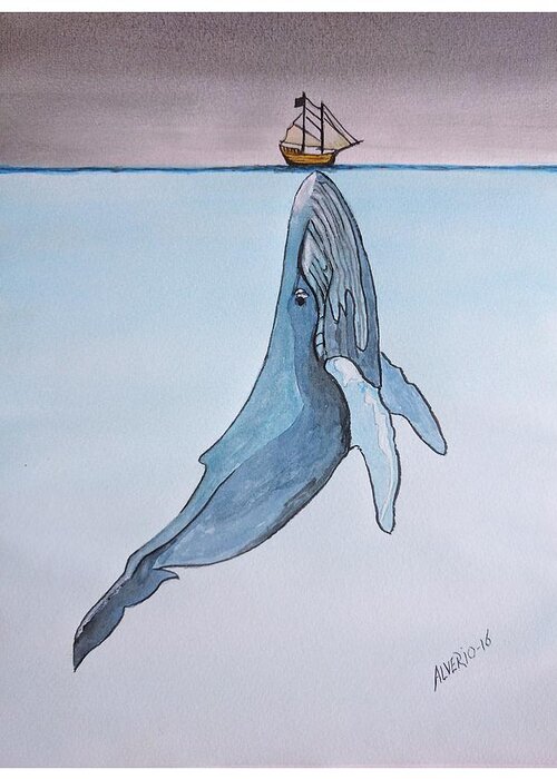 Blue Greeting Card featuring the painting Blue Whale by Edwin Alverio