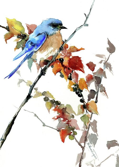 Bluebird Greeting Card featuring the painting Bluebird in The Fall by Suren Nersisyan