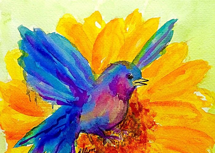 Bluebird Greeting Card featuring the painting Bluebird on Sunflower by Ellen Levinson