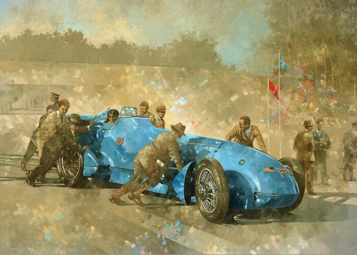 Car; Race Car; Vehicle; Racing; Track; Racetrack; Race Track; Vintage; Racer; Blue; Team; Pushing; Sportscar; Land Speed Test Greeting Card featuring the painting Bluebird by Peter Miller 