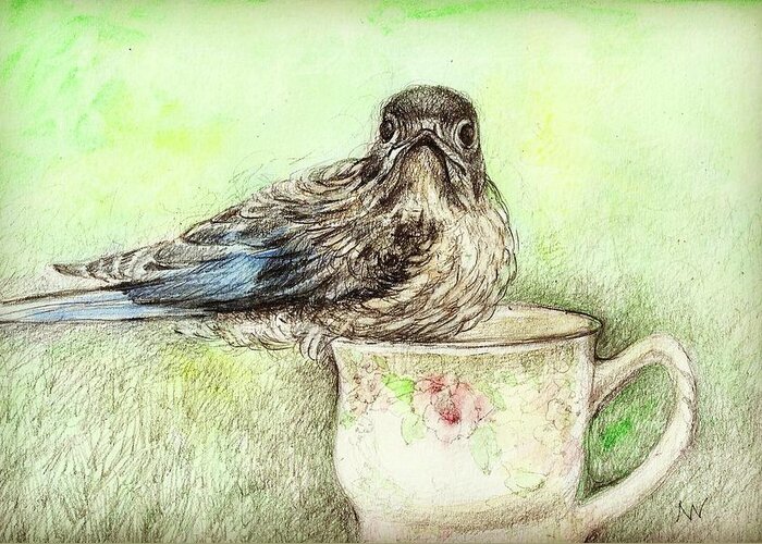 Bluebird Greeting Card featuring the mixed media Bluebird with Teacup by AnneMarie Welsh