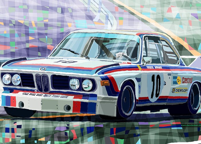 Automotive Greeting Card featuring the digital art BMW 3 0 CSL 1st SPA 24hrs 1973 Quester Hezemans by Yuriy Shevchuk