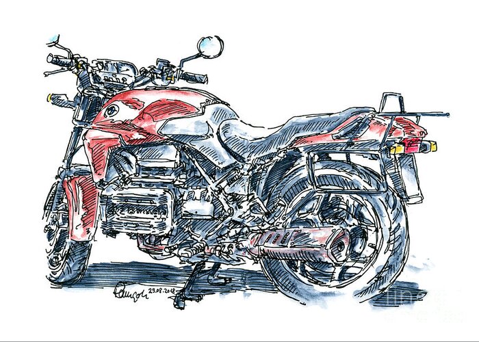 Motorbike Greeting Card featuring the drawing BMW K 75 Vintage Motorcycle Ink Drawing and Watercolor by Frank Ramspott