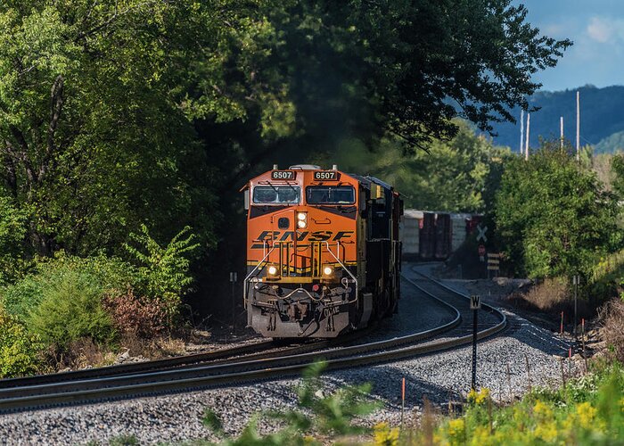 Train Greeting Card featuring the photograph BNSF coming around the curve by Thomas Visintainer