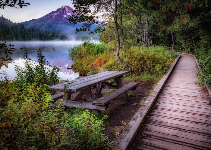 Fall Greeting Card featuring the photograph Boardwalk at Trillium Lake by Cat Connor