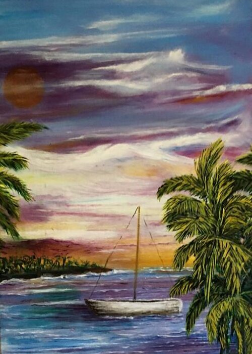 Blue Moon Greeting Card featuring the painting Anchored at Sunset Lagoon by Michael Silbaugh
