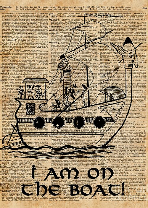 Boat Greeting Card featuring the digital art Boat Expedition,Ship Excursion,Music Crew,Vintage Ink Dictionary Art by Anna W
