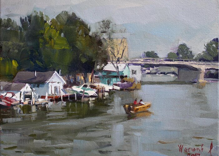 Boat Houses Greeting Card featuring the painting Boat Houses at North Tonawanda by Ylli Haruni