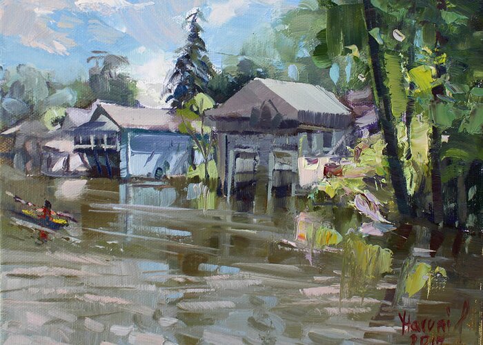 Boat Houses Greeting Card featuring the painting Boat Houses by Ylli Haruni