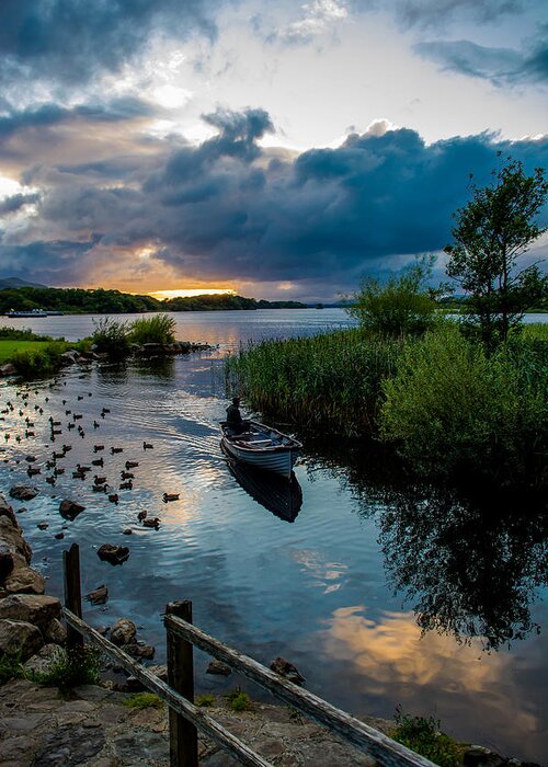 Lake Greeting Card featuring the photograph Boat in Killarney National Park In Ireland by Andreas Berthold