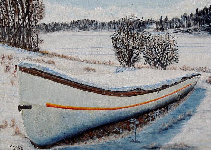 Boat Greeting Card featuring the painting Boat under snow by Marilyn McNish