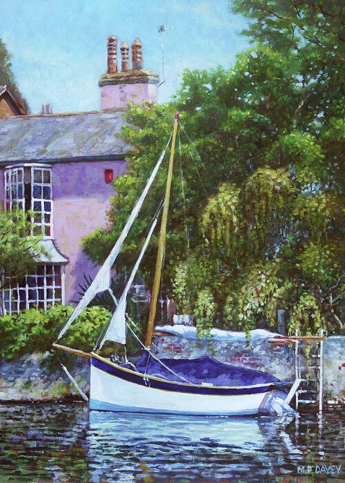 Boat Greeting Card featuring the painting Boat with pink house on river by Martin Davey