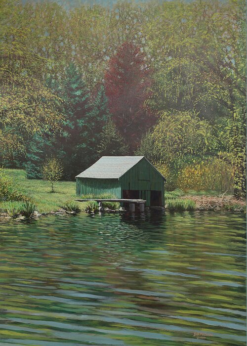 Boathouse Greeting Card featuring the painting Boathouse on Langwater Pond by Bill McEntee
