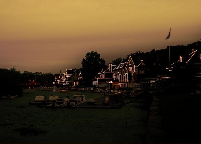 Boathouse Greeting Card featuring the photograph Boathouse Row from the Lagoon before Dawn by Bill Cannon