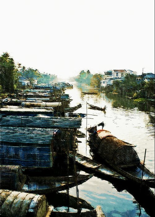 Asia Greeting Card featuring the digital art Boathouses in Vietnam by Cameron Wood