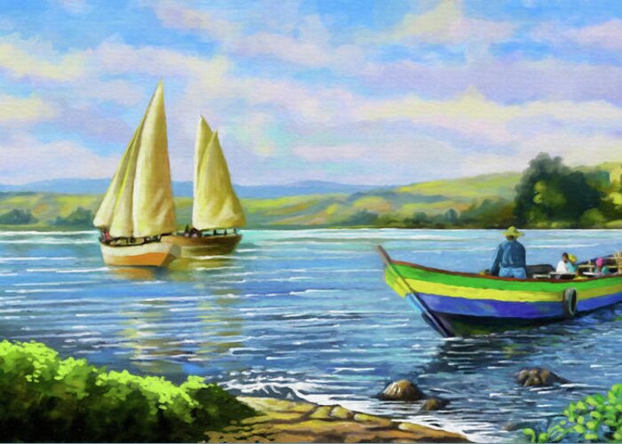 Lake Victoria Greeting Card featuring the painting Boats at Lake Victoria by Anthony Mwangi