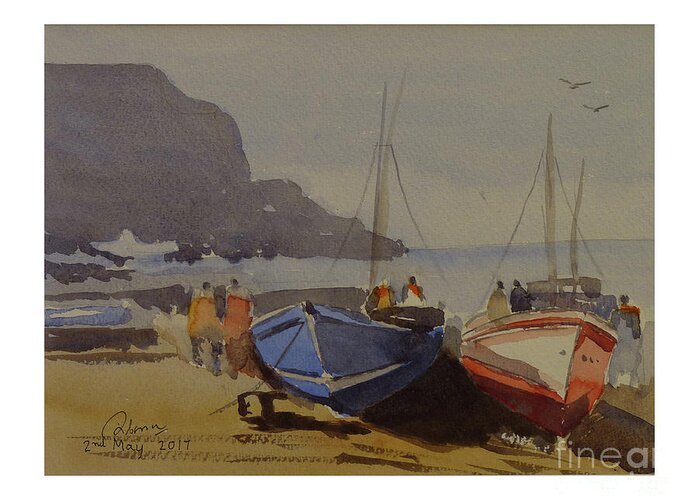 Boats Greeting Card featuring the painting Boats At Quay by Godwin Cassar