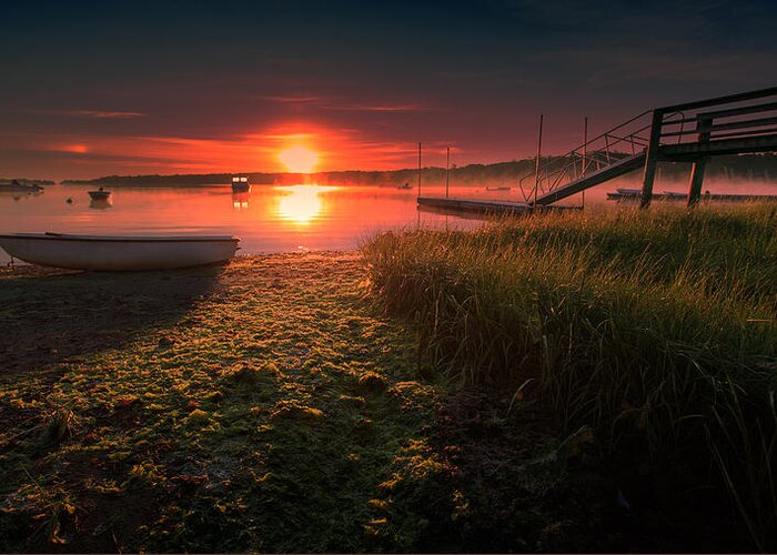Cape Cod Landscape Print Greeting Card featuring the photograph Boats On The Cove At Sunrise In The Fog by Darius Aniunas
