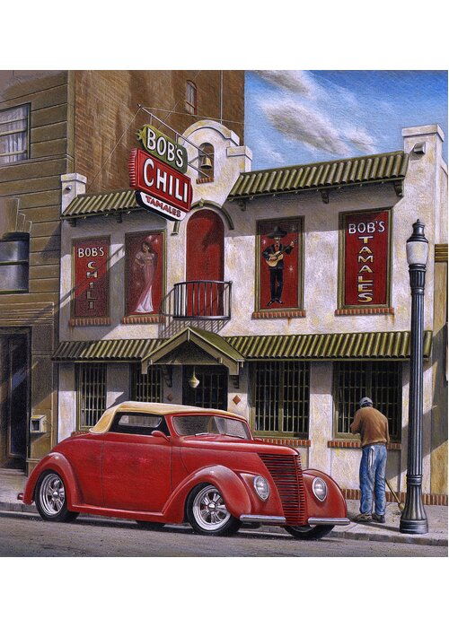 Automotive Greeting Card featuring the painting Bob's Chili Parlor by Craig Shillam