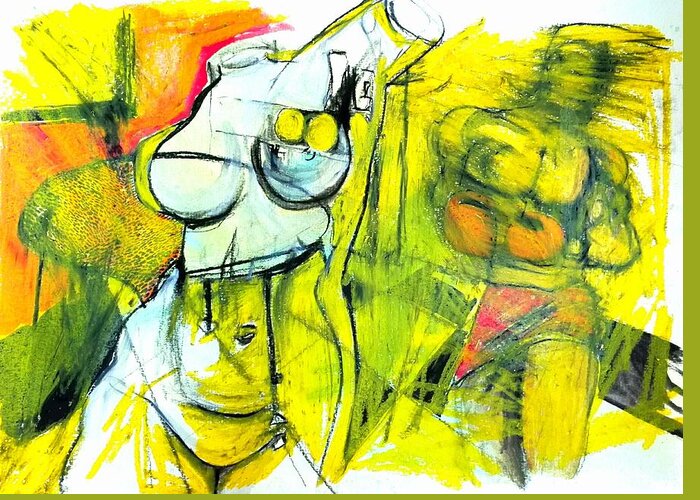 Yellow Greeting Card featuring the drawing Body Language by Helen Syron