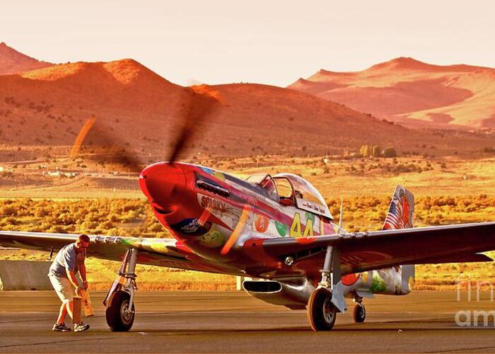 Airplane Greeting Card featuring the photograph Boeing North American P-51D Sparky at Sunset in the Valley of Speed Reno Air Races 2010 by Gus McCrea