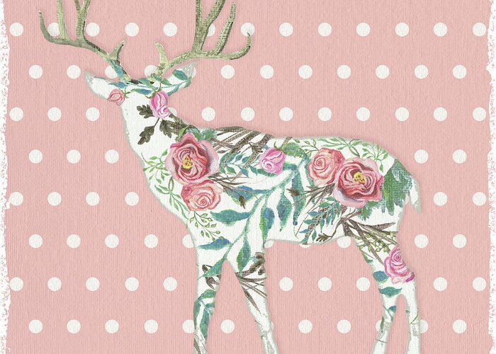 Boho Greeting Card featuring the painting BOHO Deer Silhouette Rose Floral Polka Dot by Audrey Jeanne Roberts