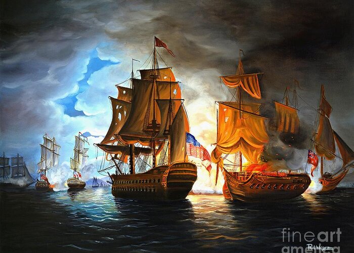 Naval Battle Greeting Card featuring the painting Bonhomme Richard engaging The Serapis in Battle by Paul Walsh