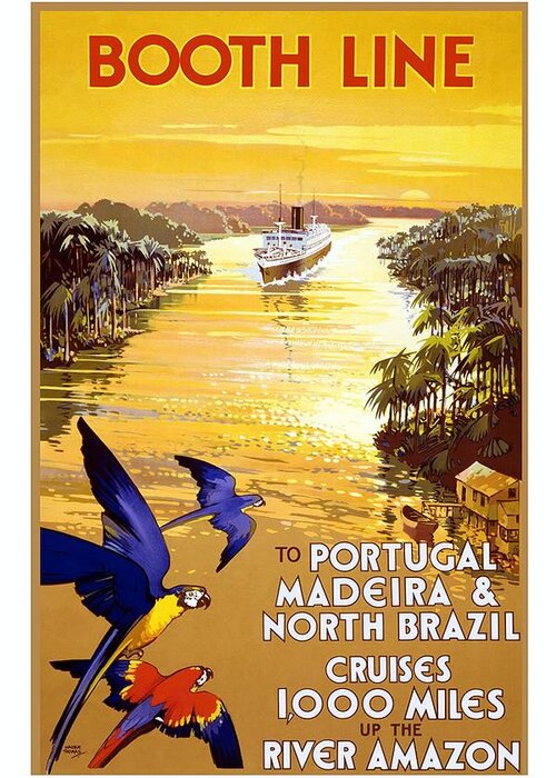 Booth Line Greeting Card featuring the mixed media Booth Line - Amazon River, South Africa - Cruises - Retro travel Poster - Vintage Poster by Studio Grafiikka