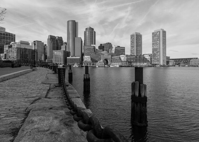 Boston Greeting Card featuring the photograph Boston Cityscape from the Seaport District in Black and White by Brian MacLean