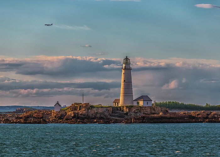 Boston Lighthouse Sunset Greeting Card featuring the photograph Boston Lighthouse Sunset by Brian MacLean