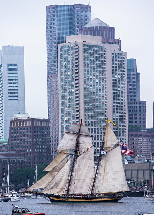 Boston Greeting Card featuring the photograph Boston Tall Ship Beautiful Sails Boston MA Harbor Towers by Toby McGuire