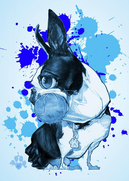 Boston Terrier Greeting Card featuring the drawing Boston Terrier - Blue Paint Splatter by John LaFree