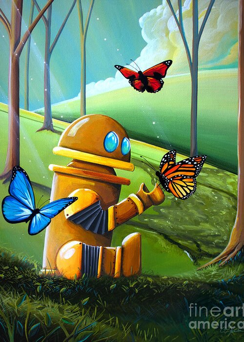 Robot Greeting Card featuring the painting Bot And The Butterflies by Cindy Thornton